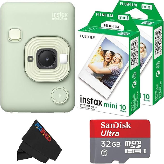 Fujifilm Mini LiPlay Hybrid Instant Camera with Mini Film, 32GB microSD Card, Charging Cable, Hand Strap and Pixibytes Microfiber Cleaning Cloth... (Matcha Green + 20 Sheets)