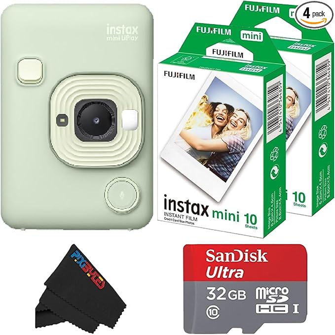 Fujifilm Mini LiPlay Hybrid Instant Camera with Mini Film, 32GB microSD Card, Charging Cable, Hand Strap and Pixibytes Microfiber Cleaning Cloth... (Matcha Green + 20 Sheets)
