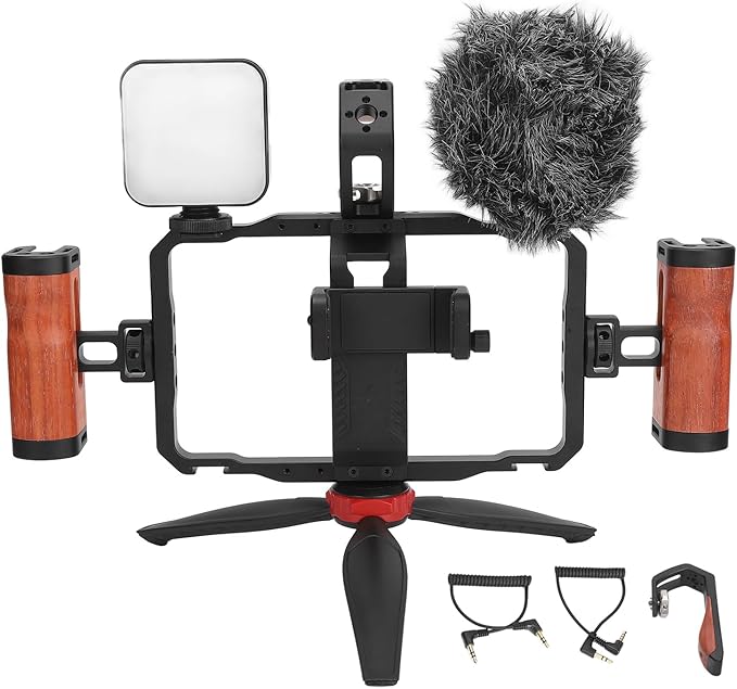 Smartphone Video Rig Dual Handle Filmmaking Vlogging Case Phone Stabilizer Grip with Microphone and Fill Light