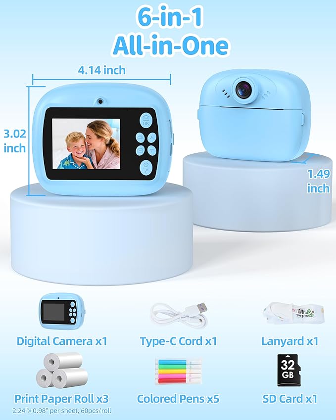 Kids Camera Instant Print, 1080P Digital Camera for Kids with 32GB SD Card, Toddler Boy Toys Birthday Festival Gifts for Boys Age 3-10, Portable Travel Toys for 3 4 5 6 7 8 9 10 Year Old Boys