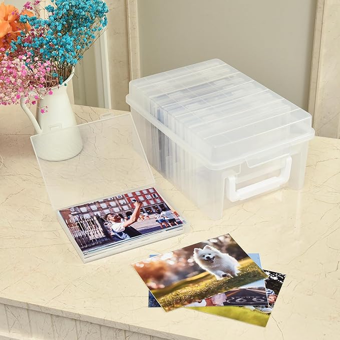 ALINK Photo Storage Box 5 x 7 In Photo Case, 10 Inner Large Photo Keeper, Clear Photo Storage Container, Seed Craft Cards Pictures Organizer, Plastic Office Organizer with 1 Label Sticker