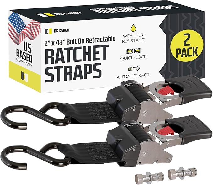 DC Cargo Mall Bolt-on Auto Retractable Ratchet Straps (2-Pack) 2” x 43", Heavy Duty, 1,809lb Break Strength – Tie Down Straps for Boat, Jet Ski, RZR, ATV
