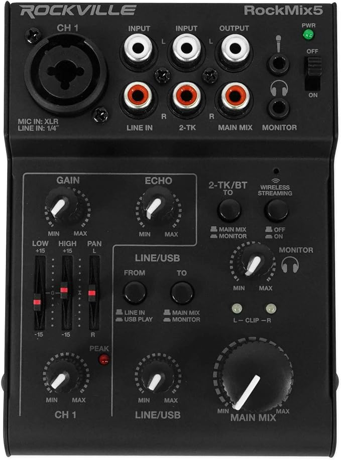 Rockville RockMix 5 Channel Pro Mixer w/USB Interface, Bluetooth, Echo, 2-Band EQ, Compact Design, Portable, for Podcasting and Live Music