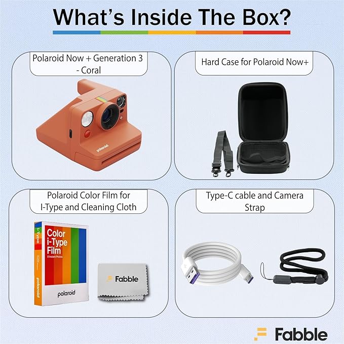 Polaroid Now+ Generation 3 I-Type Instant Film Camera (Coral) Bundle with Polaroid Color I-Type Film (8 Exposures), Hard Protective Case and USB-C 6 ft. Cable