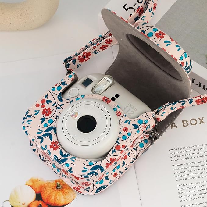 Frankmate Protective Case Compatible with Fujifilm Instax Mini 12 11 9 8 Instant Film Camera with Pocket and Adjustable Strap (Flowers Red)