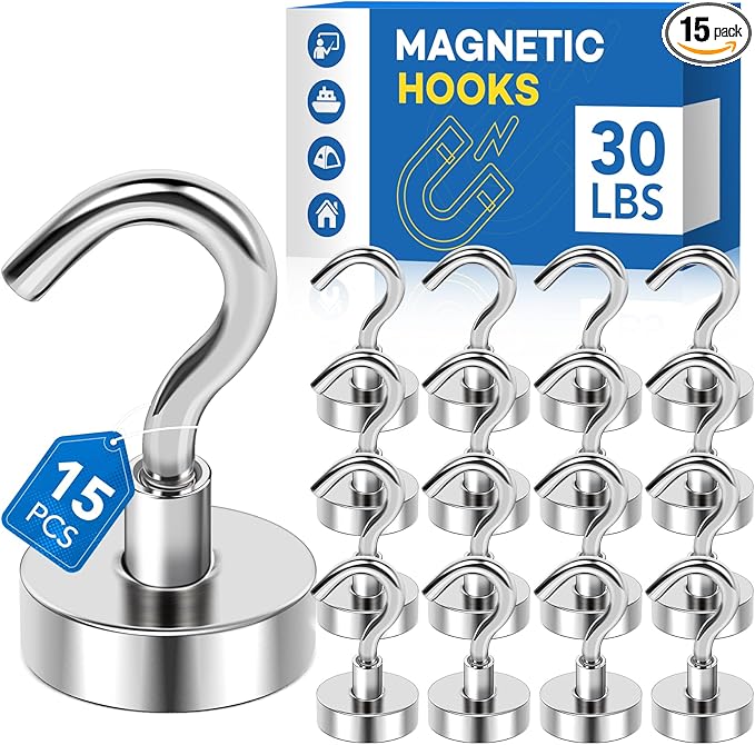 LOVIMAG Magnetic Hooks for Hanging, 30lbs Magnet Hooks for Cruise Ship Essentials, Strong Magnets for Classroom, Rare Earth Magnets with Hooks for Cruise Must Haves, Camper, Locker,Ceiling-15 Pcs