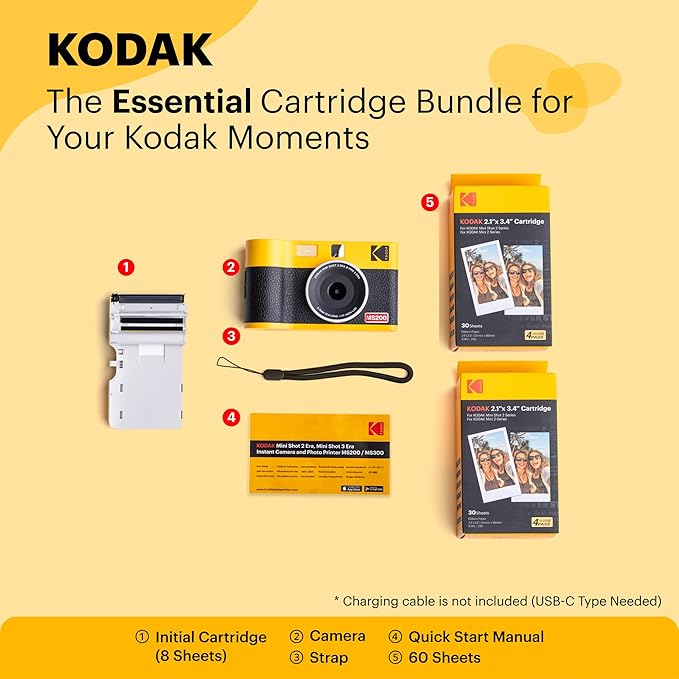 KODAK Mini Shot 2 ERA 4PASS 2-in-1 Instant Camera and Photo Printer (Black, Camera + Initial 8 Sheets + 60 Sheets)