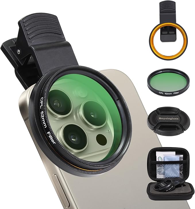 52MM CPL Filter - Clip-on Circular Polarizer Lens Filter, Ultra Slim Multi-Coated, Compatible with iPhone 15 14 13, Samsung, Google Pixel & Other Smart Phones