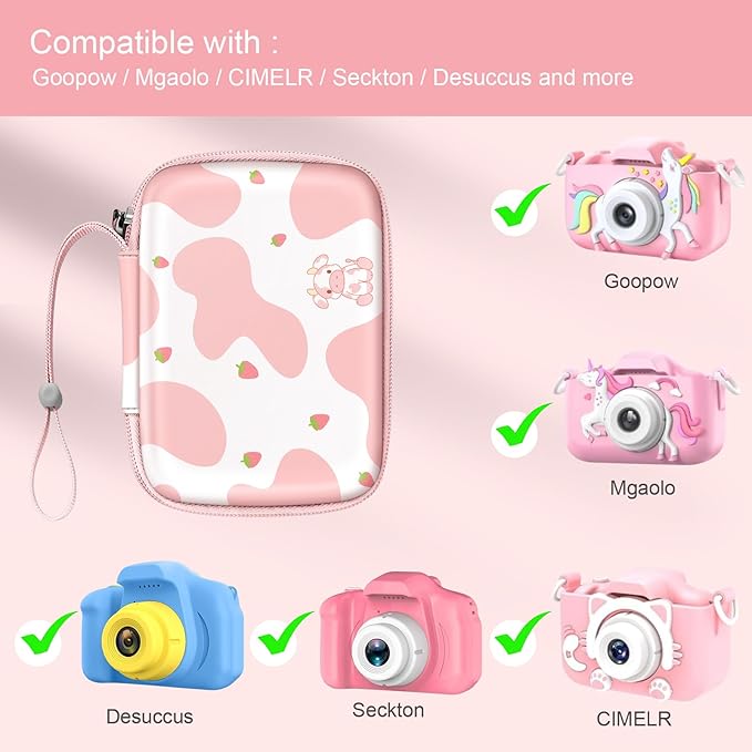 FINTIE Kids Camera Case Compatible with Goopow/Seckton/Dylanto/Mgaolo/Masterbee/CIMELR/Desuccus Kids Digital Camera Toys, Children Carrying Bag, Birthday Festival Gift, Strawberry Cow