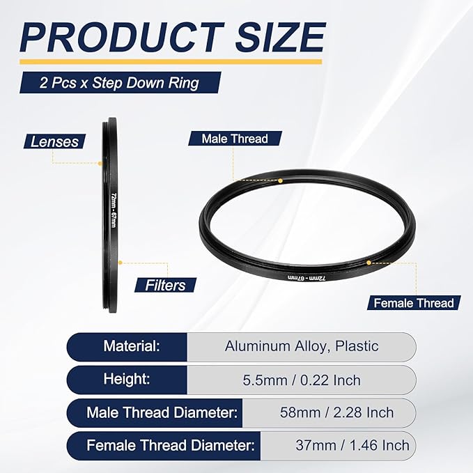 PATIKIL Step Down Ring Adapter 72mm to 67mm, 2 Pcs Filter Step-Down Rings Camera Lens Filters Metal Ring Digital for ND IR DSLR Lenses, Black