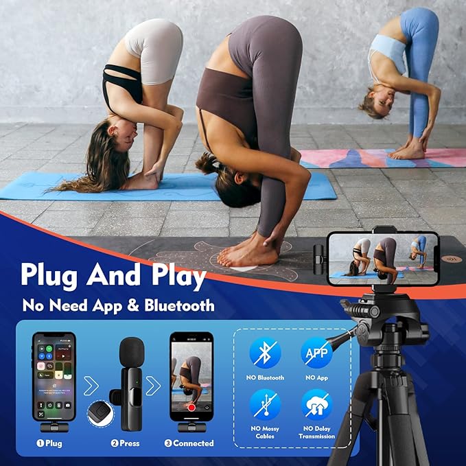 New Mini Wireless Microphone for iPhone iPad Android,Lavalier Microphone for Video Recording,2 Pack iPhone Mic Crystal Clear Recording with USB-C for Podcast Microphone,4 Extra Windscreens