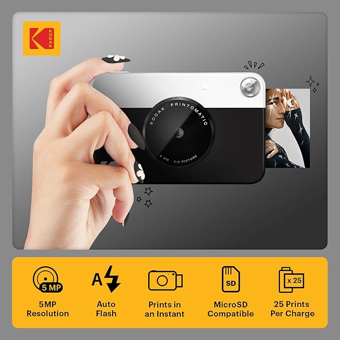 KODAK Printomatic Full-Color Instant Print Digital Camera Colorful Photos On Zink 2x3" Sticky-Back Photo Paper 5MP Gift Bundle: Case + Zink 2x3" 20pk + Album + Stickers + Frames + Markers - Black