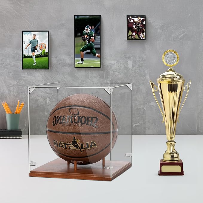 Basketball Display Case, Thickened UV Protection Clear Acrylic Lid Basketball Holder, Wooden Basketball Base Stand for Autographed Ball