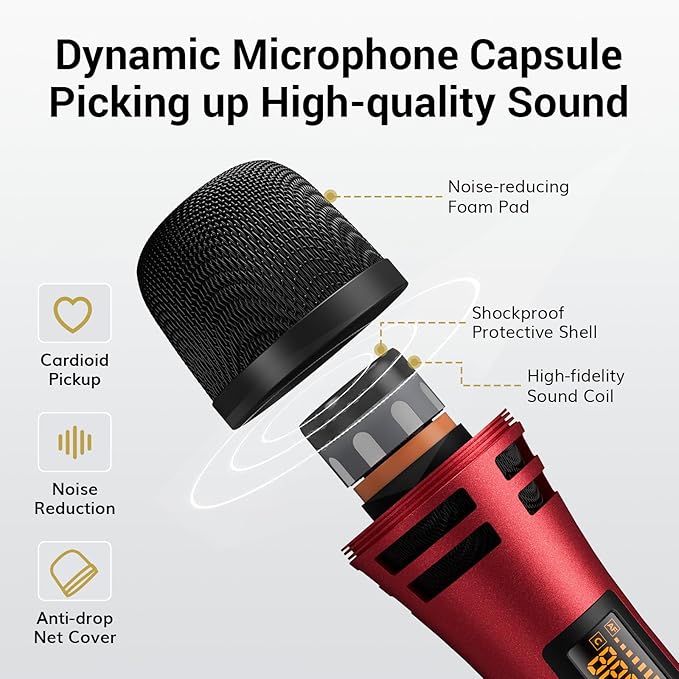 TONOR Wireless Microphones System with 4x10 Channels Cordless Handheld Microfono Inalambrico, UHF Mics with Stable Signal Transmission for Karaoke Singing Party Church Wedding 60 m/200ft Red