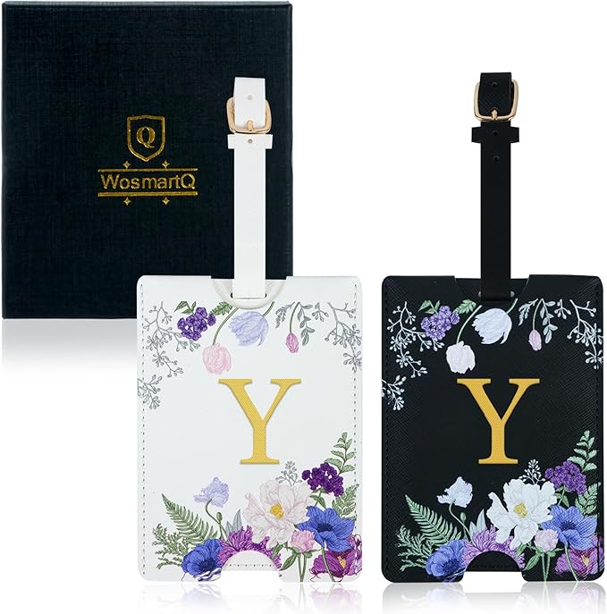 2 Pack PU Leahter Luggage Tags with PU Leather Straps, Fun Travel case Labels, Privacy-Protected ID Card Holders, Allowing for Quick Identification of Luggage and Easy locating of Your Bags (Y)