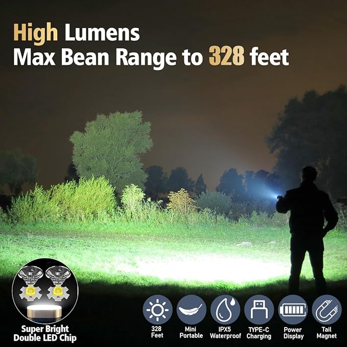 LED Small Powerful EDC Flashlight, 365nm UV Black Light, Mini Led Flashlight High LM, USB C Rechargeable Mini Keychain Flash Light with Clip, Tail Magnet, 9 Modes, Waterproof Pocket Flashlights 2 PC