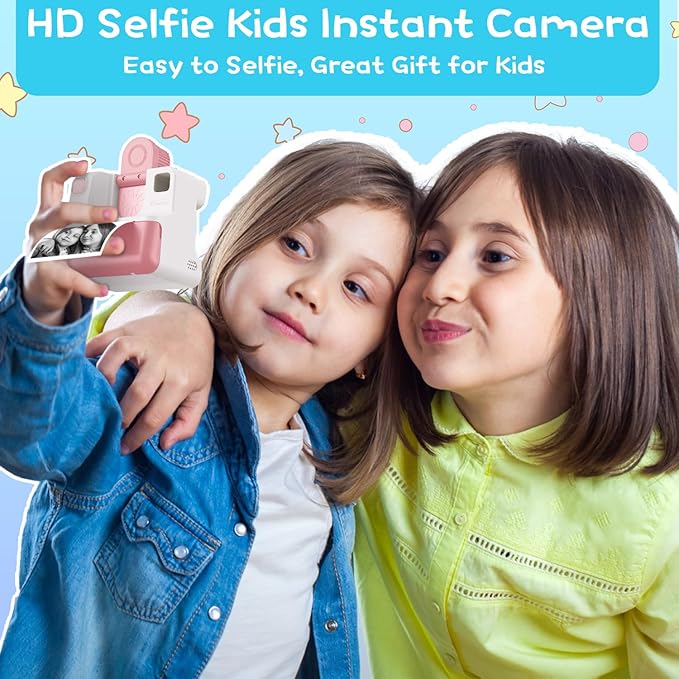 Kids Camera Instant Print, Christmas Birthday Gifts for Girl Boys 3-12 Years Old, FHD Selfie Digital Video Cameras Toddler 3 Rolls Print Paper & 32G Card (Retro, Pink-White)
