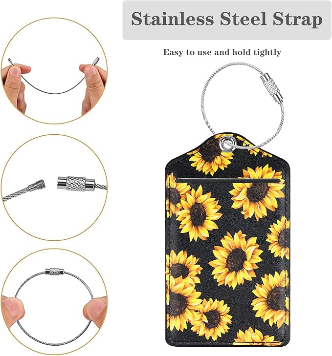 (Set of 2) Luggage Tag for Suitcases Leather Privacy Cover ID Label with Stainless Steel Loop, Travel Bag Tags Suitcase Labels, Sunflower