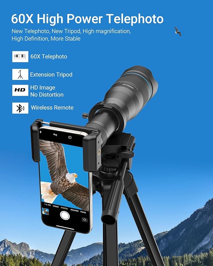 APEXEL High Power 60X HD Telephoto Lens, High Power Telephoto Mobile Cell Phone Lens with Extension Tripod and Wireless Remote for iPhone 15 Pro/14 Pro/13 Pro, Samsung and Most Smartphone