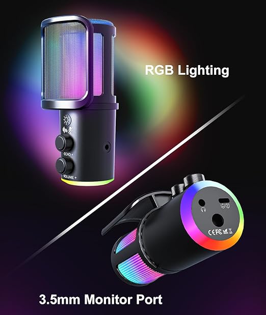 Gaming USB Microphone, Noise Cancellation Condenser Mic with Mute,Boom Arm Mic-Reverb Adjustment, Monitoring for Streaming, Podcasting, Discord, YouTube,PC, Computer, PS4, PS5, Mac