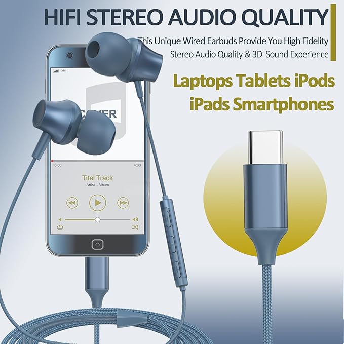 Wired Earbuds USB C Port in-Ear Earphones Braided Cord with Built-in Mic Ear Buds Wired Compatible for iPhone 15/16/17, iPad Galaxy Android and Most USB Type C Devices Blue