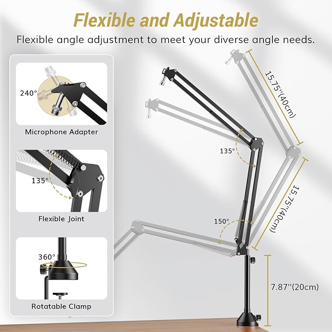 TONOR Microphone Boom Arm, Adjustable Microfono Stand Mic Arm with Extra-large Pop Filter, 3/8’’ and 5/8’’ Screwadapter, Equipment for Podcast, Recording, Streaming, 40cm+40cm+20cm Riser T10L+