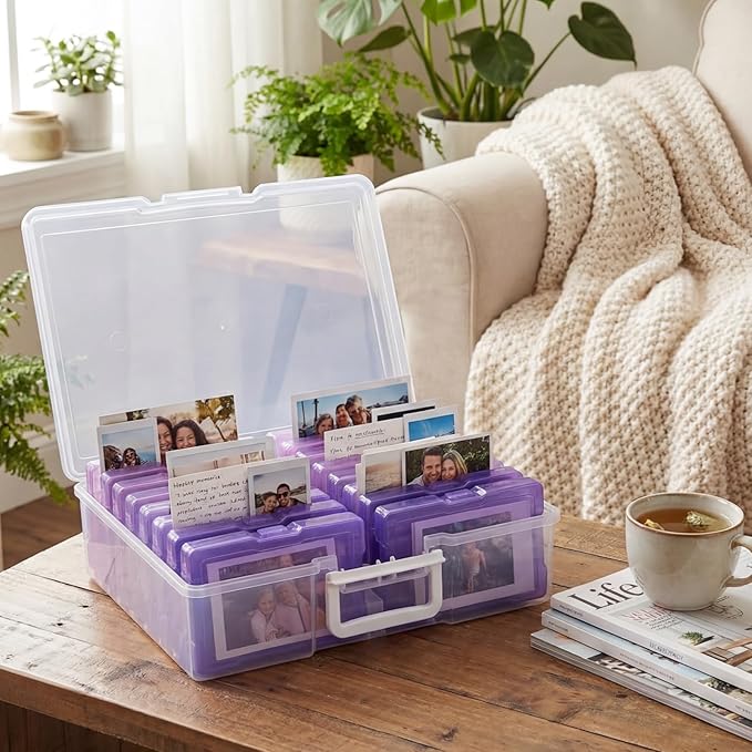 novelinks Transparent 4" x 6" Photo Cases and Clear Craft Keeper with Handle, 16 Inner Photo Organizers & Photo Storage Box, Plastic Photo Storage Containers (Purple Gradient)