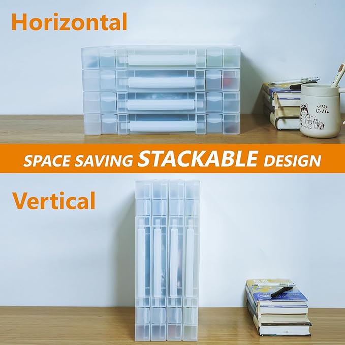 CraftGenes Scrapbook Paper Storage, 4 Pack Stackable Craft Organizers with Handle, Fits More 8.5x11 and School Projects Box, Paper Organizer Storage for Office & Home Organization