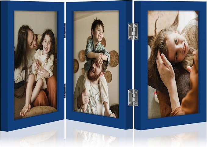 decorUhome Triple 5x7 Picture Frame Vertical, Engineered Wood Trifold Photo Frame with Plexiglass for Tabletop Display, 5x7, Royal Blue
