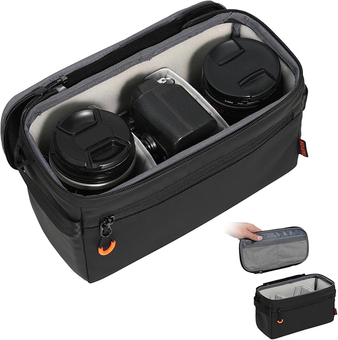 TARION Padded Camera Insert Bag - Protective Framed DSLR Inner Case Organizer - Fits 1 Camera and 2 Lenses - Removable Lid Compatible for DSLR SLR Mirrorless Cameras ShellCore XS