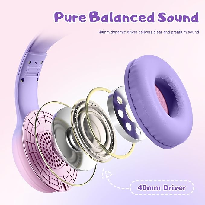 Kids Headphones, Wired Headphones for Kids with Microphone 85/94dB Volume Limit, Stereo Sound Portable Over Ear Headphones for School/Travel/Tablet/iPad, Violet Pink