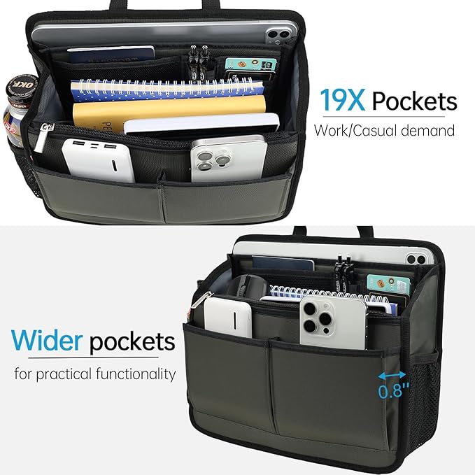 Small Rugged Organizer Insert for Briefcase Tote Shoulder Messenger Bag-19 Pockets,Durable Padded Nylon,Handle-Gray
