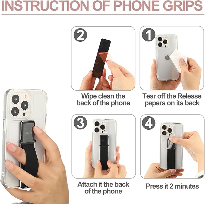 4 Pieces Phone Grip Strap Telescopic Phone Kickstand Elastic Finger Holer Hand Strap Adhesive Loop for Phone Grip with Stand Compatible with Most Smartphones (Black, Rose Gold)