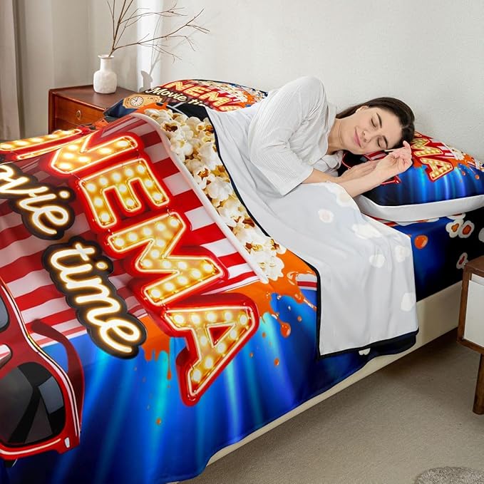 Erosebridal Movie Bed Sheets Set Full Retro Theater Theme Sheet Set Vintage Cinema Ticket Clapboard Popcorn Print Sheets for Girls Family Home Theater Decor Fitted Sheet Movie Themed Flat Sheet