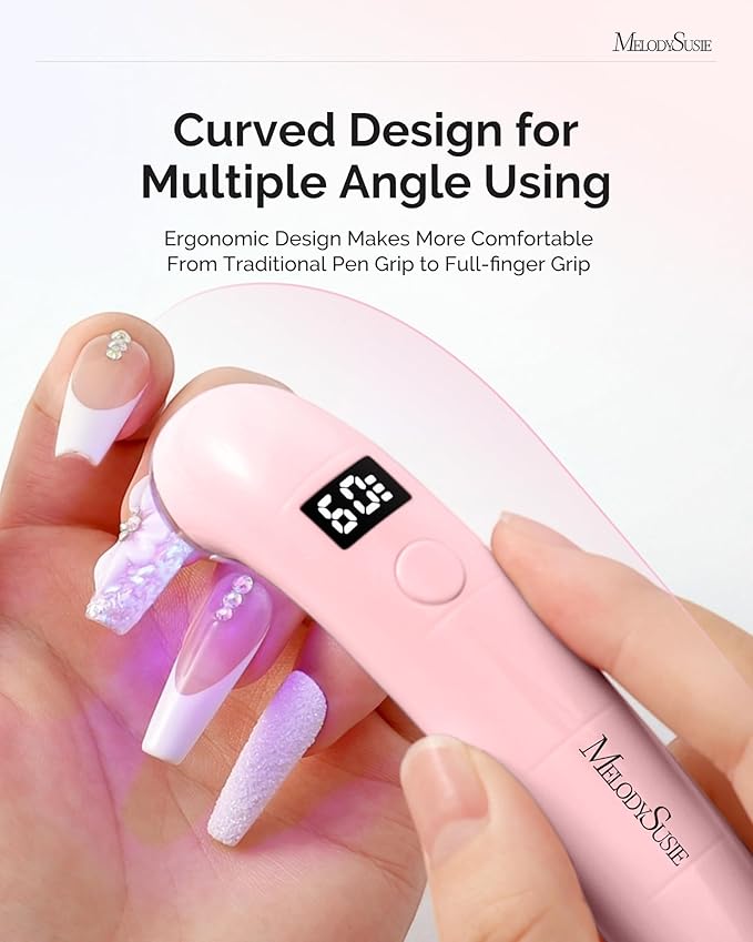 MelodySusie Ergonomic Handheld Cordless UV Nail Lamp with LCD Display & 2 Timers, P-Art01A Rechargeable Mini UV LED Light Flash Cures All Soft Gels, Especially Rhinestone Glue & Liner Gel Pink