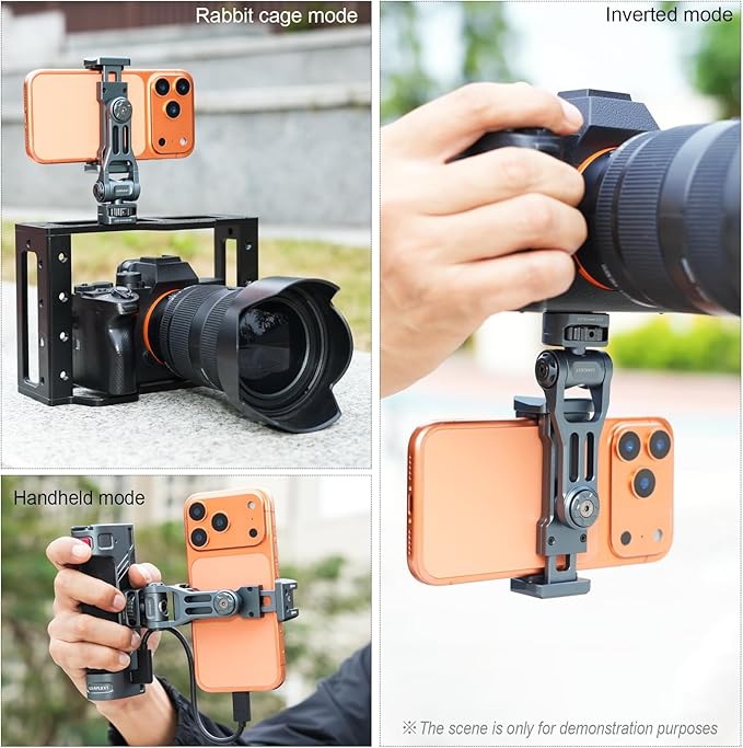 Camera Phone Holder, Metal Material, Horizontal and Vertical Rotation, Parallel 360 °, with Cold Shoe Interface Bottom 1/4 Screw, Suitable for Rabbit Cages, Handheld Selfie Videos