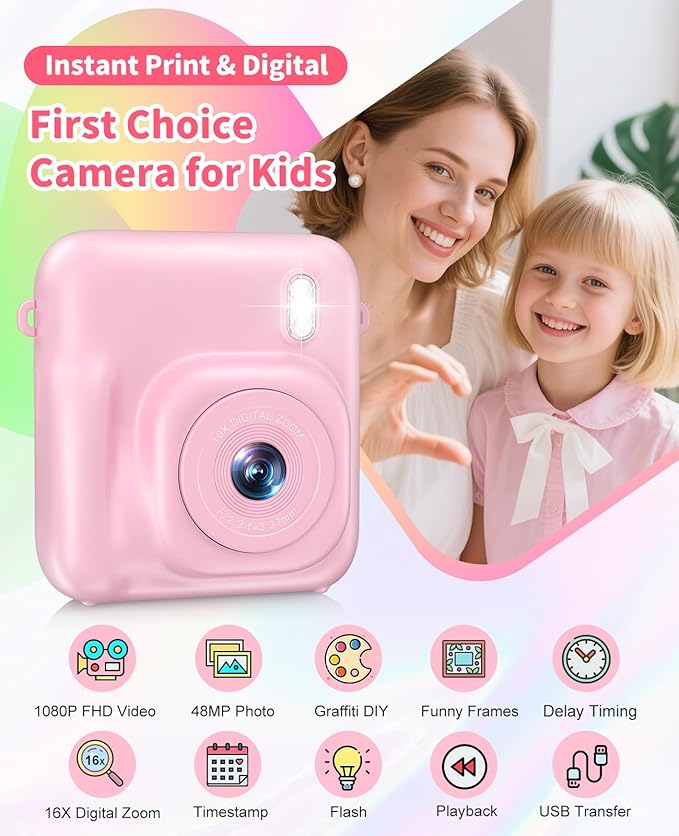 Kids Camera Instant Print, 48MP Dual-Lens Digital Camera for Girls Boys Christmas Birthday Gifts, 1080P Selfie Instant Cameras for Kids Video, Portable Toddler for 4-12 Years Old with 32GB Card-Pink