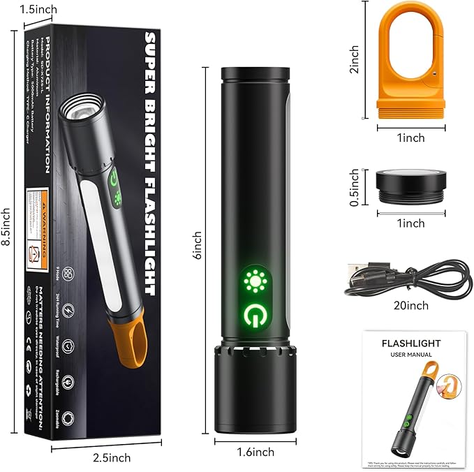 Magnetic Flashlight Rechargeable,5000mAh Flashlights High Lumens with 9 Modes,Waterproof, Adjustable,Powerful Flash Light,Emergency Multi-Flashlights for Home,Car,Hiking,Camping (1, Black)