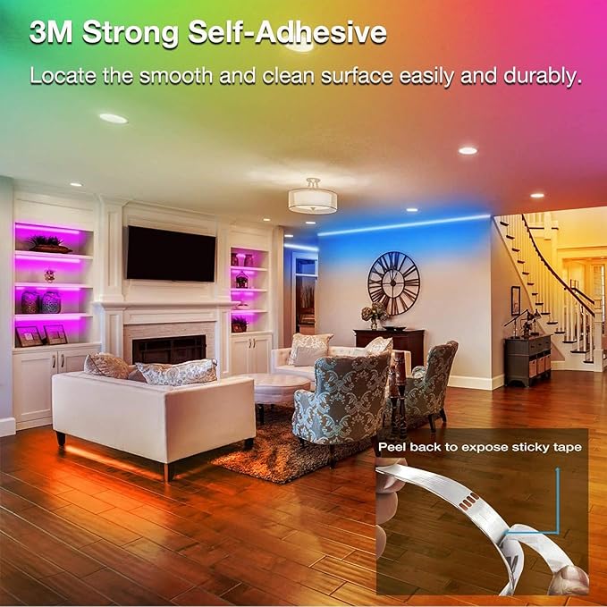 VOLIVO 50ft Led Strip Lights for Bedroom, Color Changing Led Light Strips Kit with Bluetooth App Control and IR Remote, RGB Music Sync Lighting for Room, Home Decor