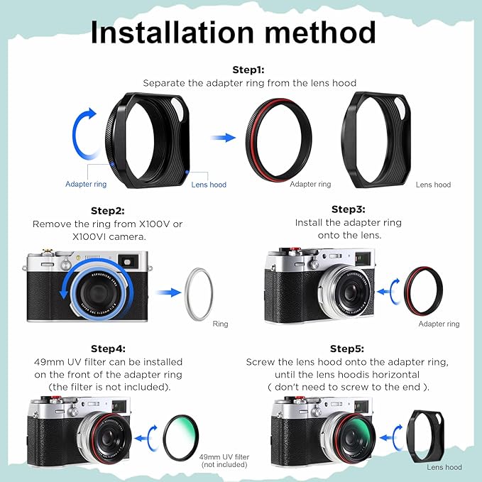 Haoge Square Metal Lens Hood for Fujifilm Camera X100VI Fuji X100V X100F X100T X100S X70 with 49mm Uv Filter Adapter Ring Accessories Hollow Out Designed Black