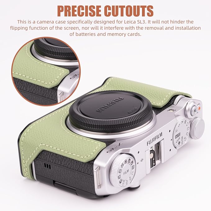 Handmade Genuine Leather Camera Half Case for Fujifilm X-M5/Fujifilm X-M5 Case - Top Layer Cowhide Body + Metal Base Plate (Vert Criquet)