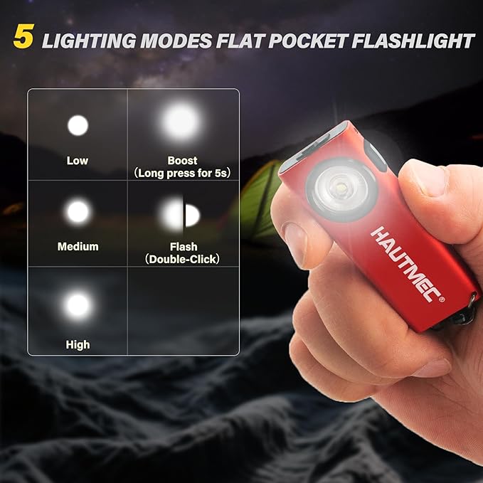 HAUTMEC Mini Flat Flashlight Rechargeable EDC 400LM Pocket Magnetic Flashlight Base & Clip Type-C Charging Keychain Slim Led Flashlight for Outdoor, Car Repairing, Camping, Portable Work Light