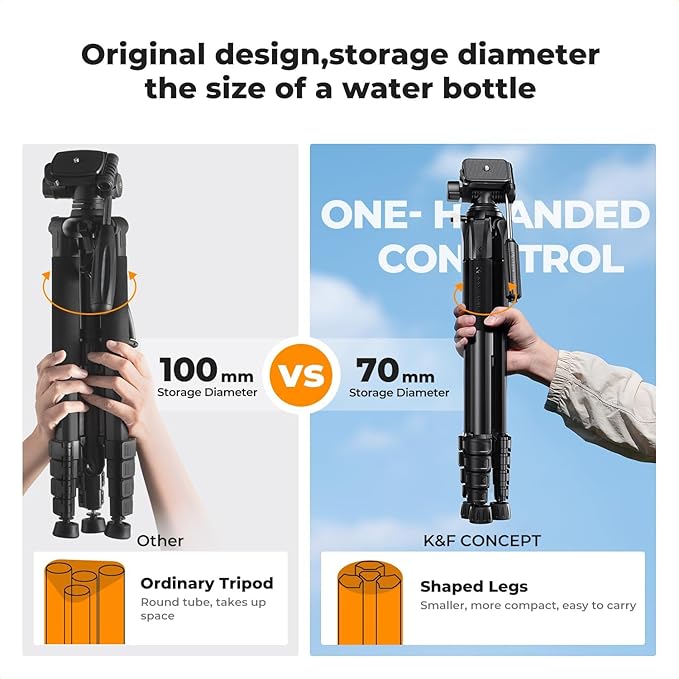 K&F CONCEPT Camera Tripod, 75" Lightweight Portable Travel Outdoor DSLR Tripods for Camera Phone Video Recording Tripod Stand, Cellphone Clip for Smartphone Live Streaming Vlog, Black