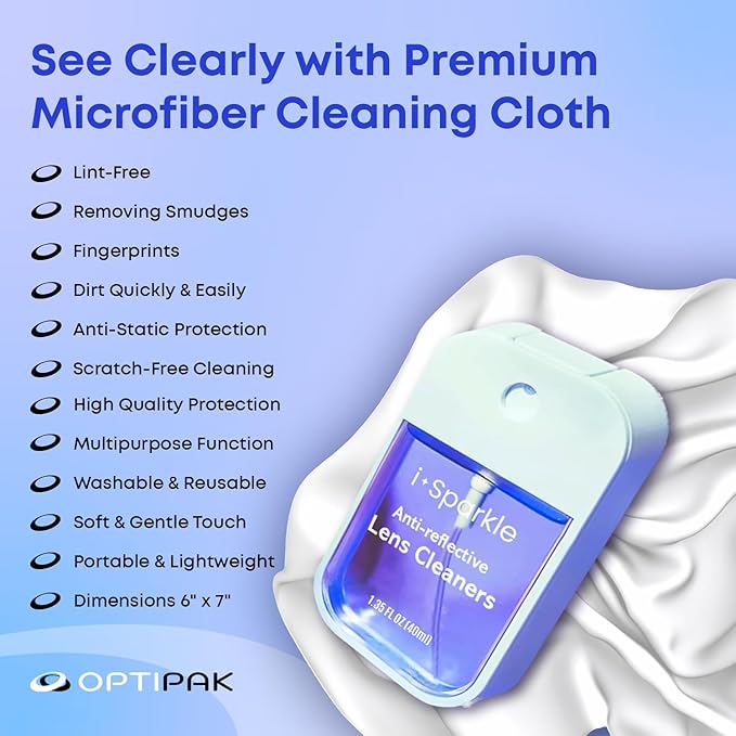 I-Sparkle Anti-Reflective Lens Cleaner Spray kit | (1x) 1.35oz Glasses Cleaner Spray + (1x) Microfiber Cloth for Eyeglasses, Sunglasses, Lenses, Screens and Camera Cleaning Kit (2 Piece Set)