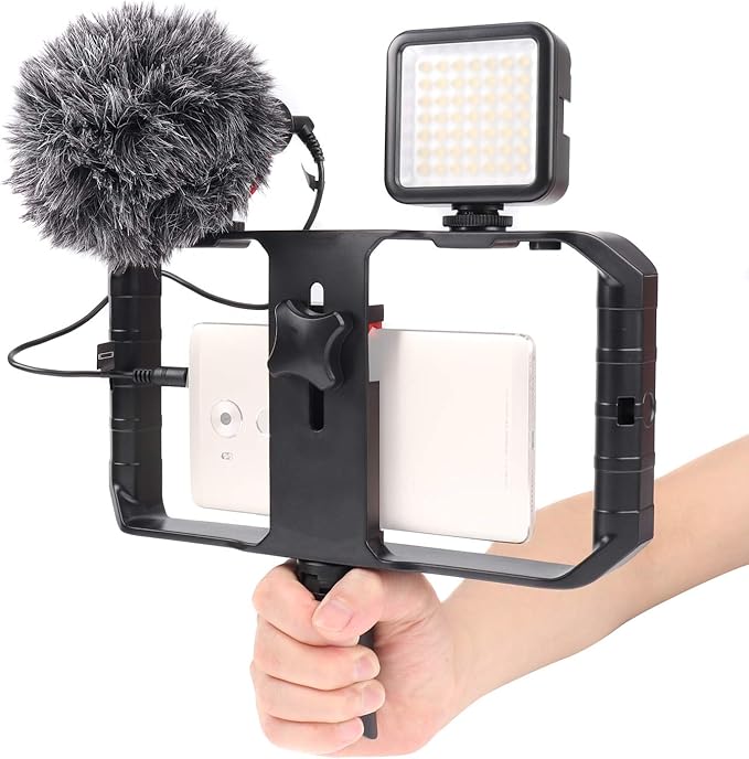 FocusFoto PRO U-Rig Smartphone Video Camera Cage Mount Holder Stabilizer Handle Grip with BOYA by-MM1 Microphone Mic+ 49 LED Light+ Mini Tripod Kit for Mobile Phone iPhone Filmmaking Videomaker