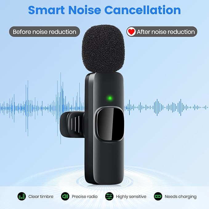 Wireless Lavalier Microphone for iPhone(15/16/17) / Android, Noise Reduction, USB-C Plug and Play Mini Lapel Mic Clip on Microphone Wireless, Ideal for Content Creator, Video Recording, Vlogging