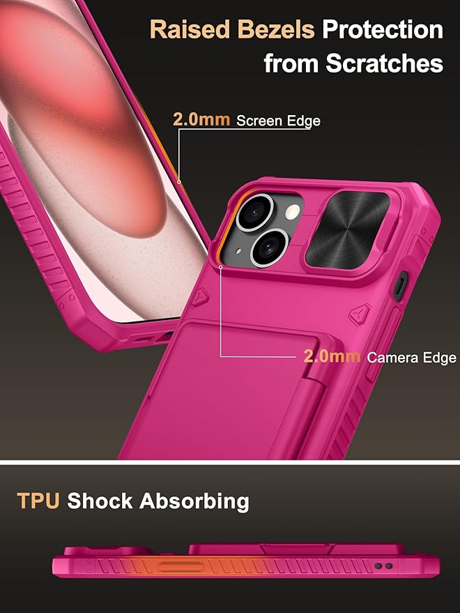 Vihibii for 15 Plus/iPhone 14 Plus Wallet Case with Card Holder (4 Cards), [RFID Blocking] & Slide Camera Cover & Raised Edges Protect Screen, Heavy Duty Case for iPhone 15 Plus/ 14 Plus, Hot Pink