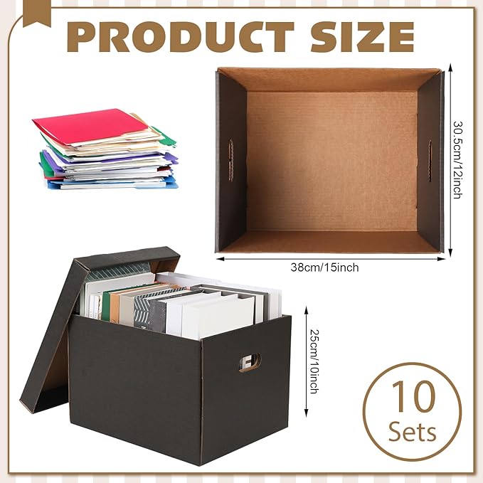 Kritkin 10 Pcs Archival Storage Cartons Bulk, 15 x 12 x 10 Inch Acid Free Buffered Corrugated Board Ready-To-Assemble Photo Storage Box for Storing Documents Magazines Photos Cards(Black)