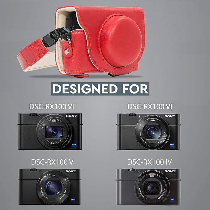 MegaGear MG1139 Ever Ready Leather Camera Case Compatible with Sony Cyber-Shot DSC-RX100 VI, DSC-RX100 V, DSC-RX100 IV, DSC-RX100 III - Red