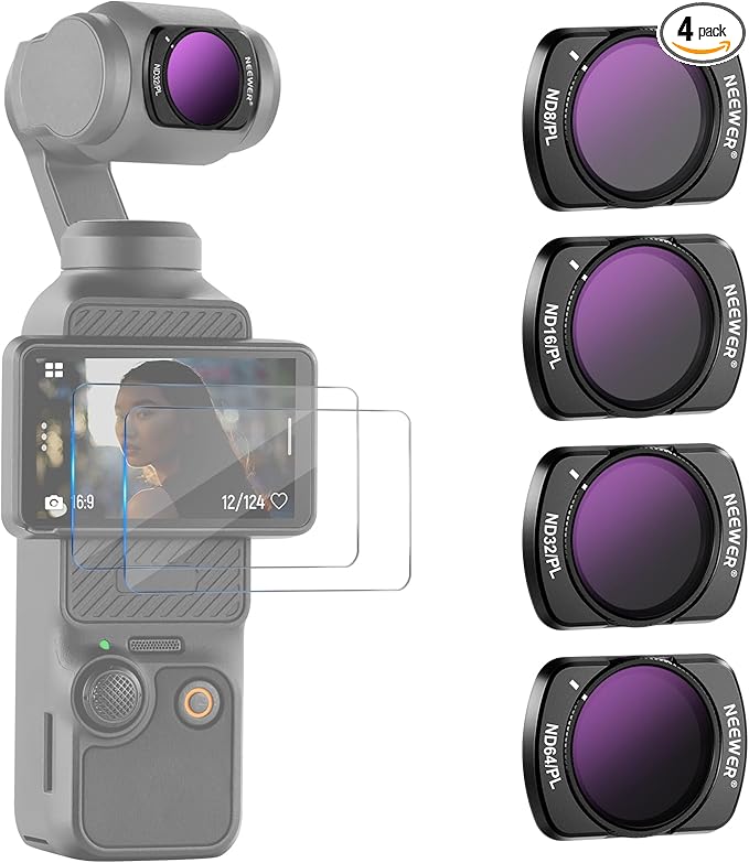 NEEWER Magnetic ND/PL Filter Set Compatible with DJI Osmo Pocket 3 Creator Combo Accessories, Action Camera 4 Pack ND8/PL ND16/PL ND32/PL ND64/PL Filters Kit with 2 LCD Touchscreen Protectors